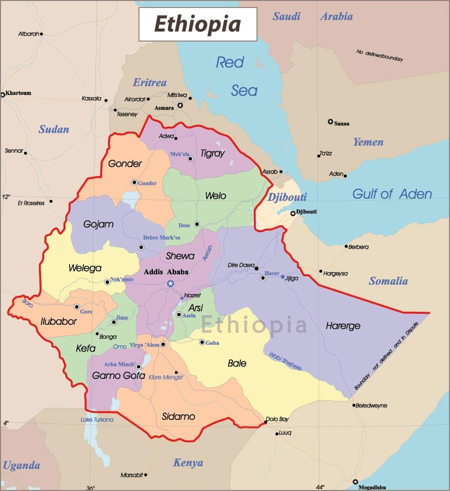 Etiòpia mapa amb les ciutats
